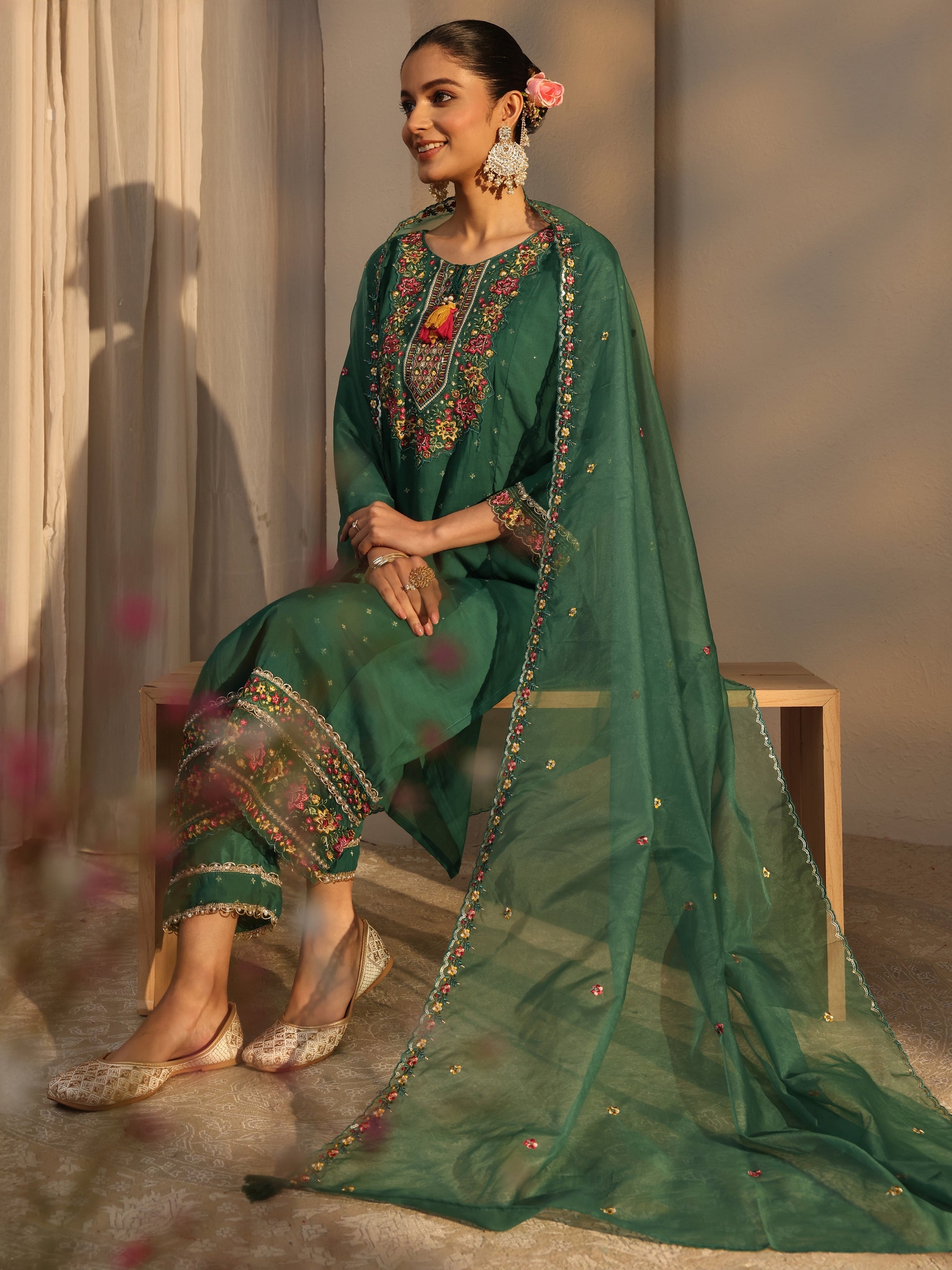 Green Woven Design Chanderi Cotton Straight Suits Set With Dupatta-image-21