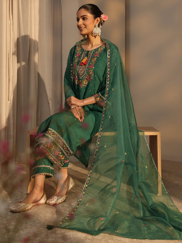 Libas Green Woven Design Chanderi Cotton Straight Suits Set With Dupatta