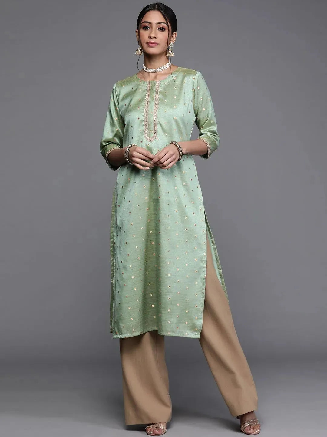 Green Woven Design Chanderi Silk Kurta - Libas