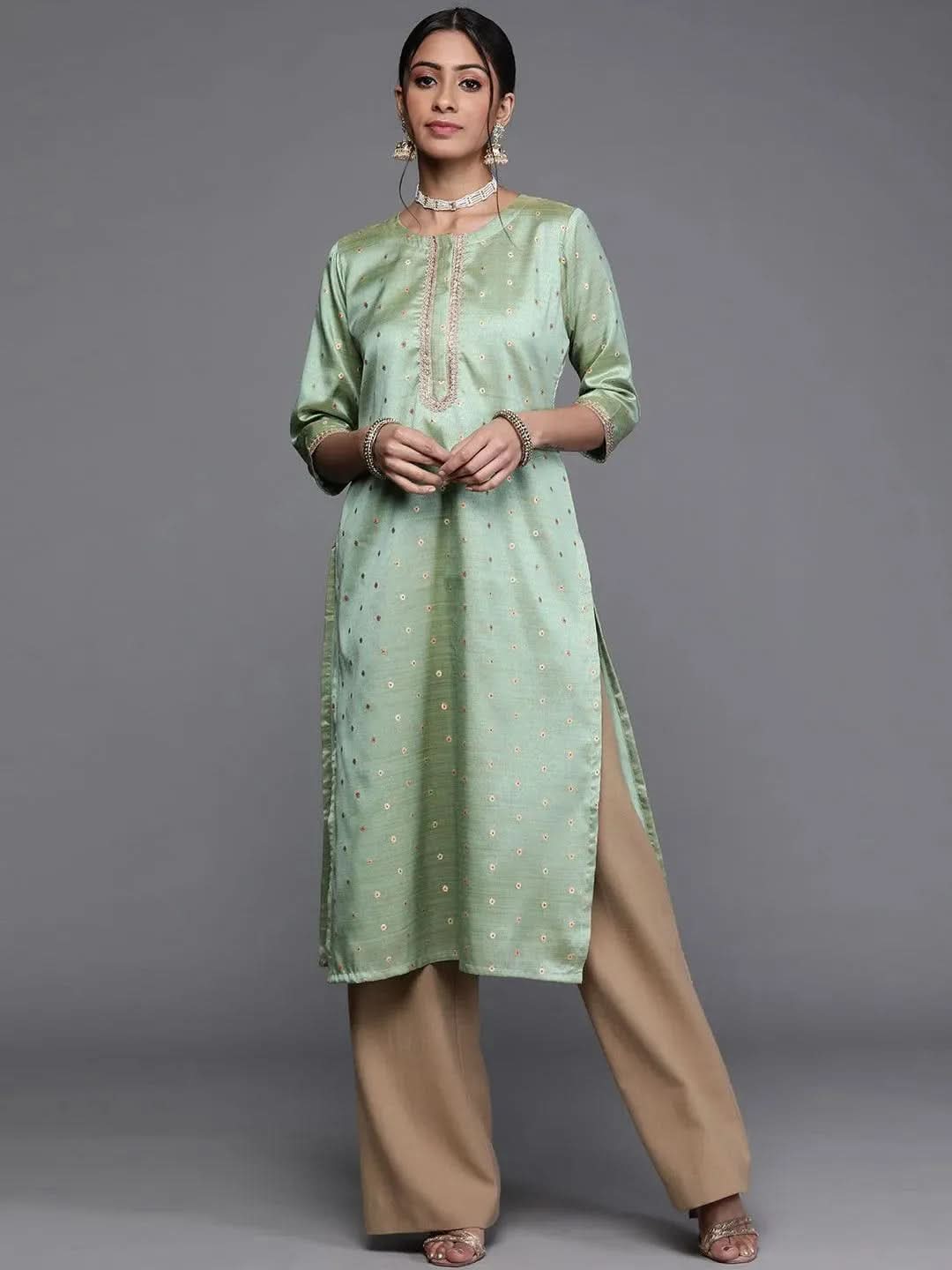 

Buy Green Woven Design Chanderi Silk Kurta - 22234- | Libas Ethnic Wear Online