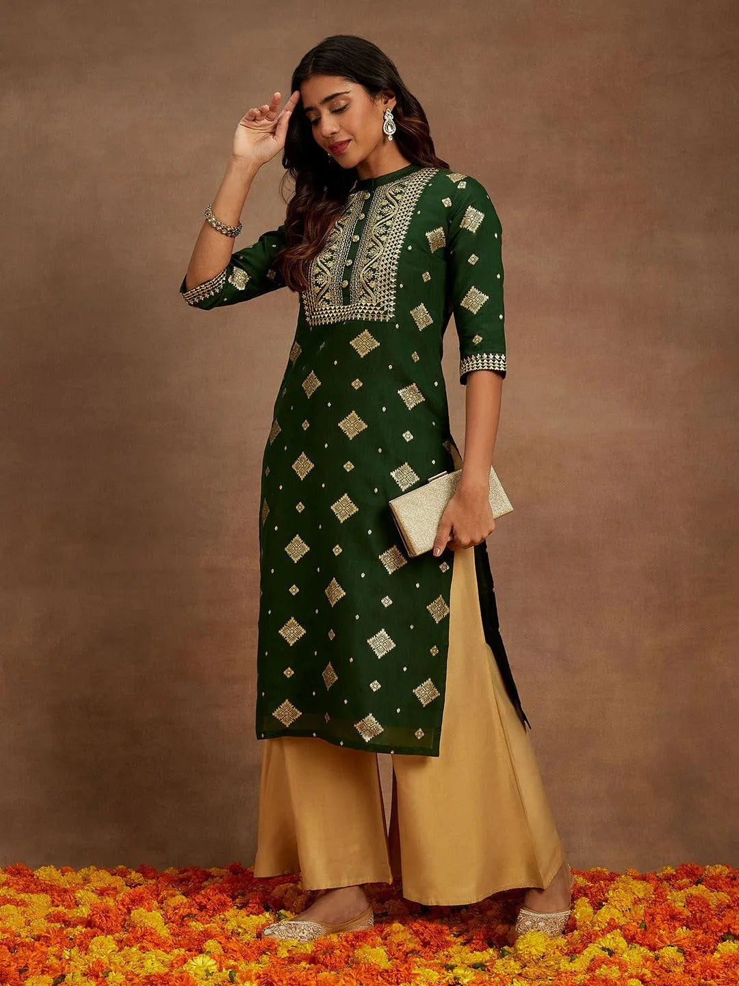 Green Woven Design Chanderi Silk Straight Kurta - Libas