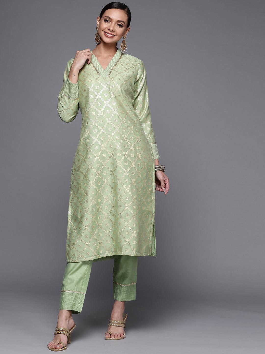 Green Woven Design Chanderi Silk Straight Kurta