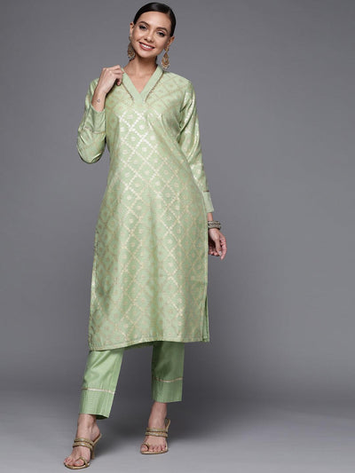 Green Woven Design Chanderi Silk Straight Kurta - Libas