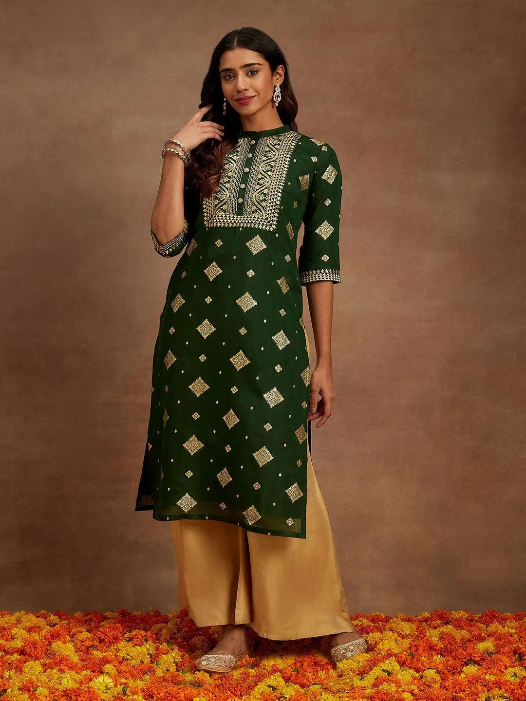 Green Woven Design Chanderi Silk Straight Kurta - Libas 