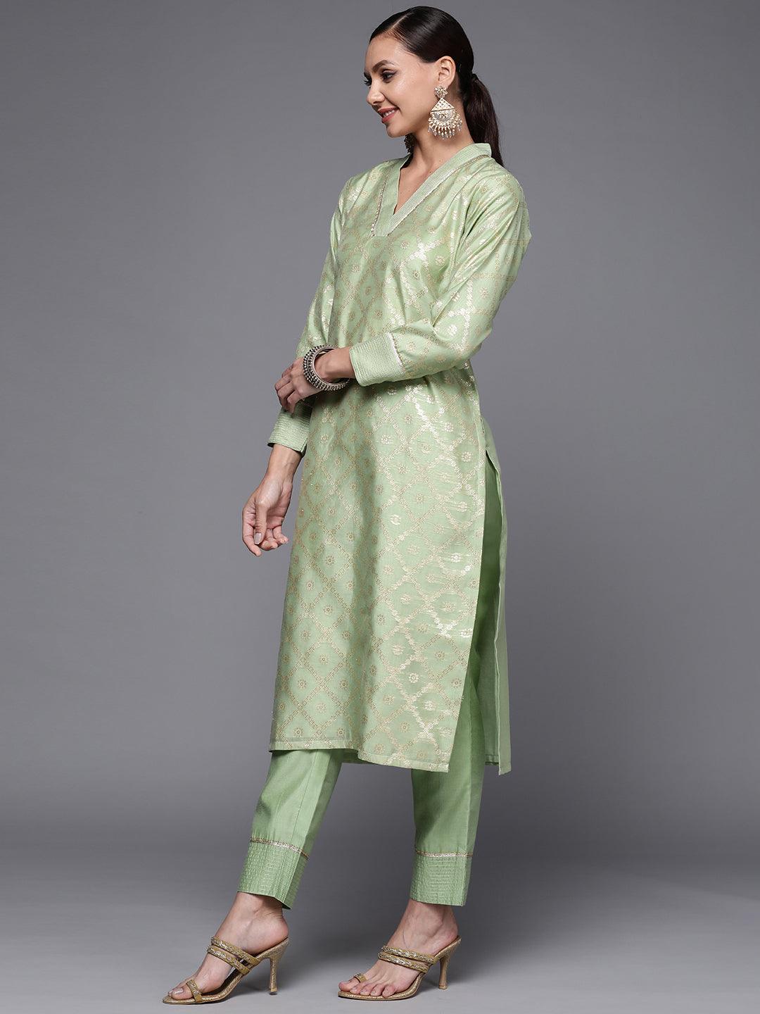 Green Woven Design Chanderi Silk Straight Kurta