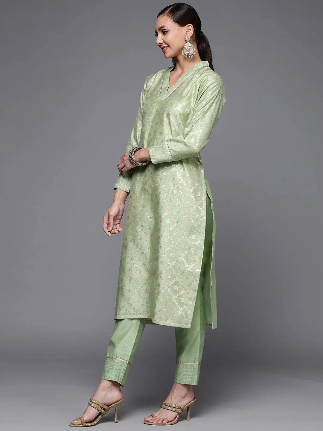 Green Woven Design Chanderi Silk Straight Kurta - Libas 