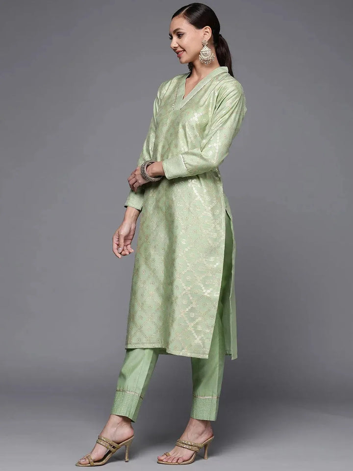 Green Woven Design Chanderi Silk Straight Kurta - Libas