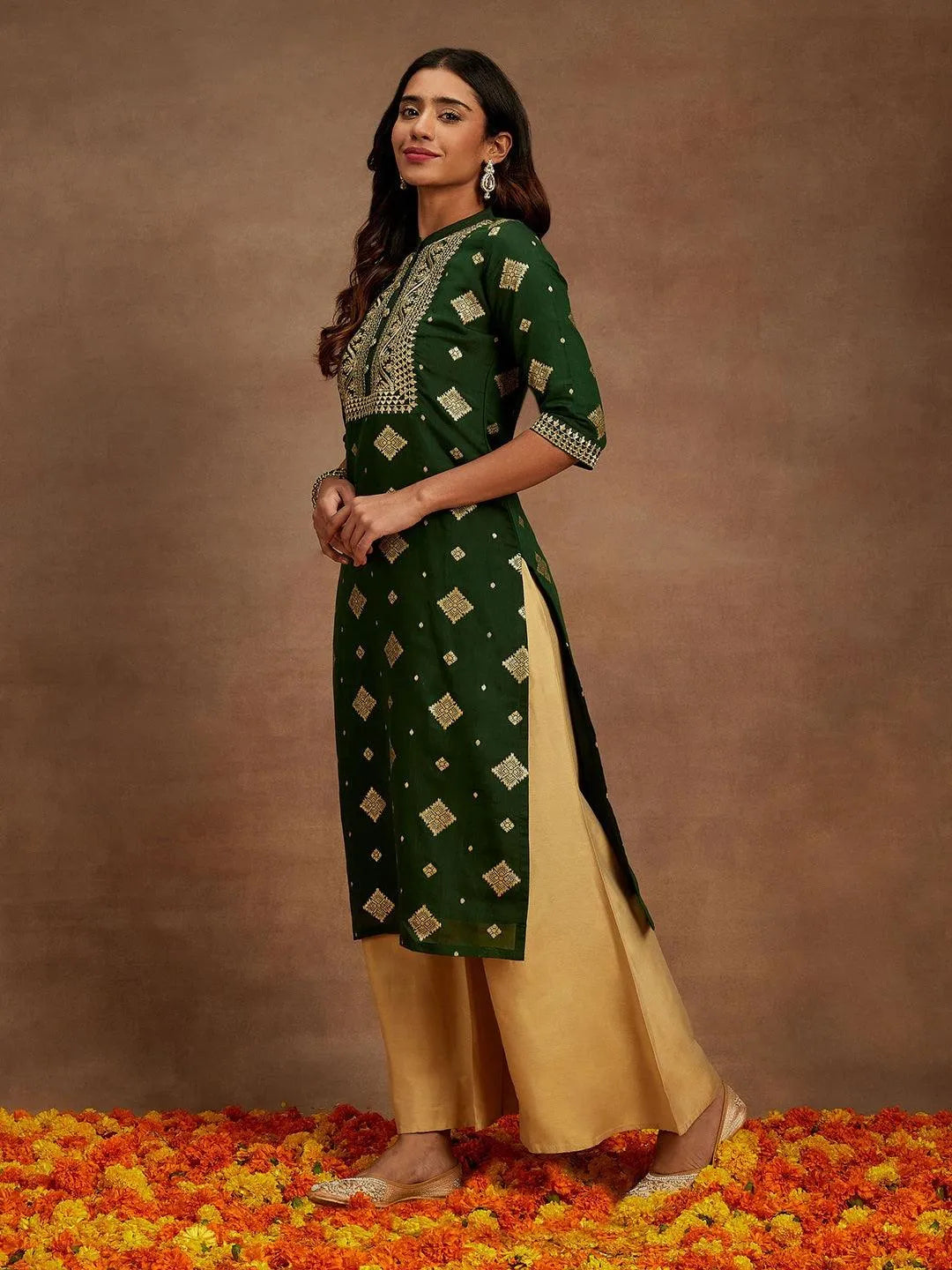 Green Woven Design Chanderi Silk Straight Kurta - Libas 