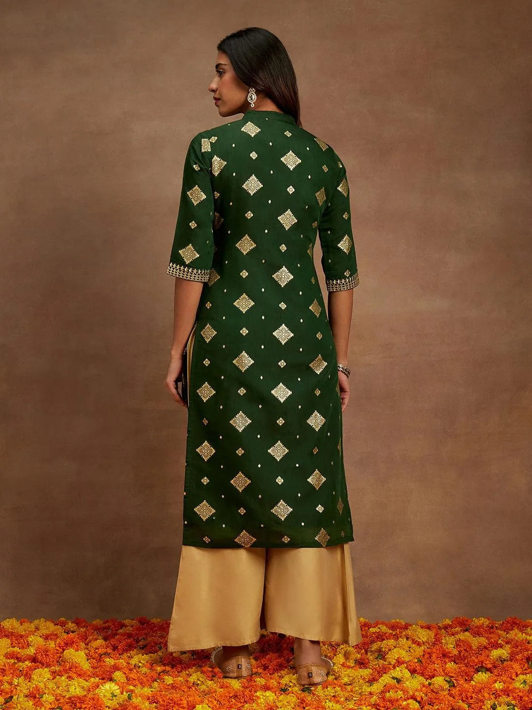 Green Woven Design Chanderi Silk Straight Kurta - Libas 