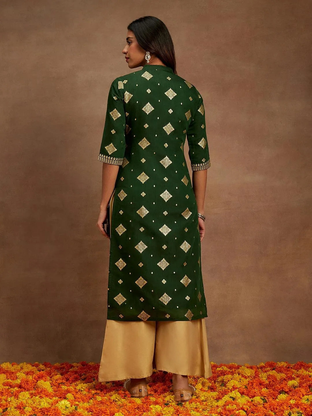 Green Woven Design Chanderi Silk Straight Kurta - Libas