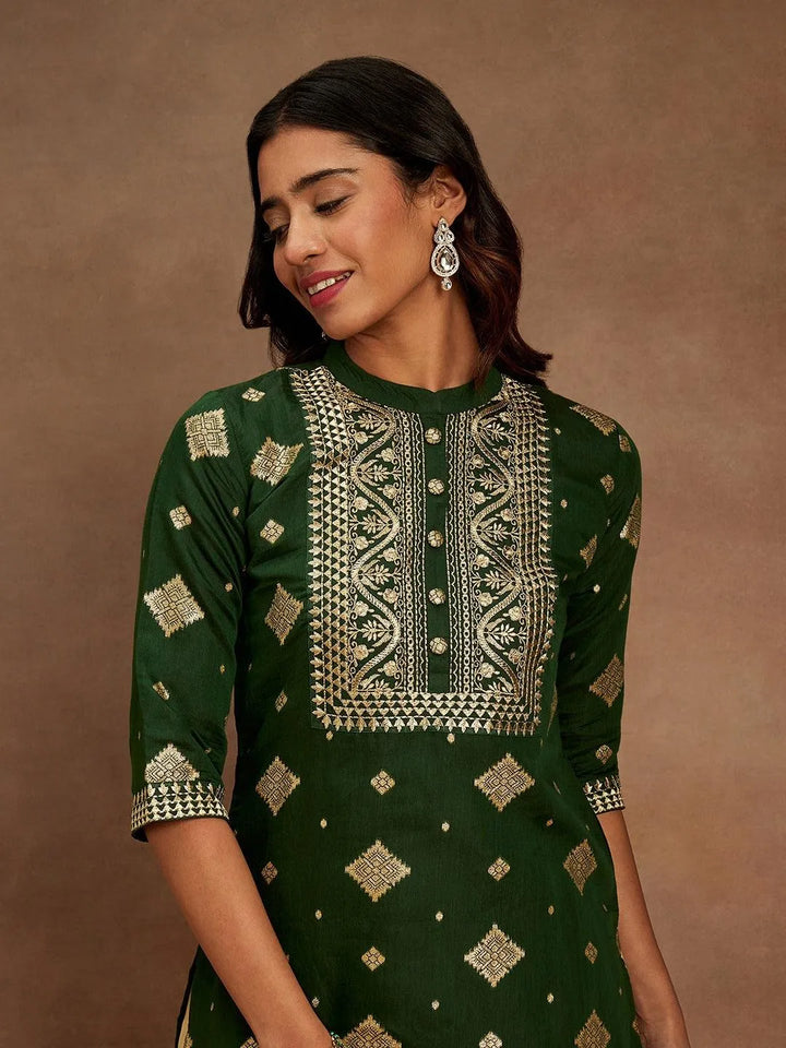 Green Woven Design Chanderi Silk Straight Kurta - Libas