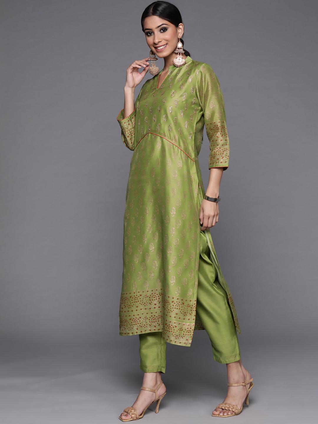 Green Woven Design Chanderi Silk Straight Kurta With Dupatta