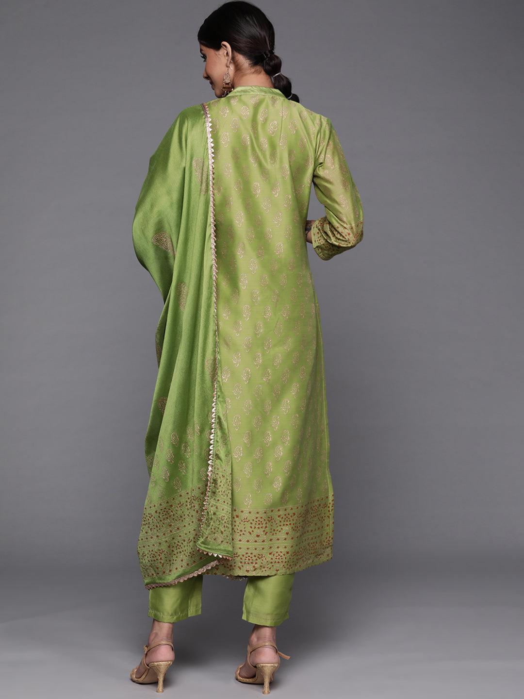 Green Woven Design Chanderi Silk Straight Kurta With Dupatta