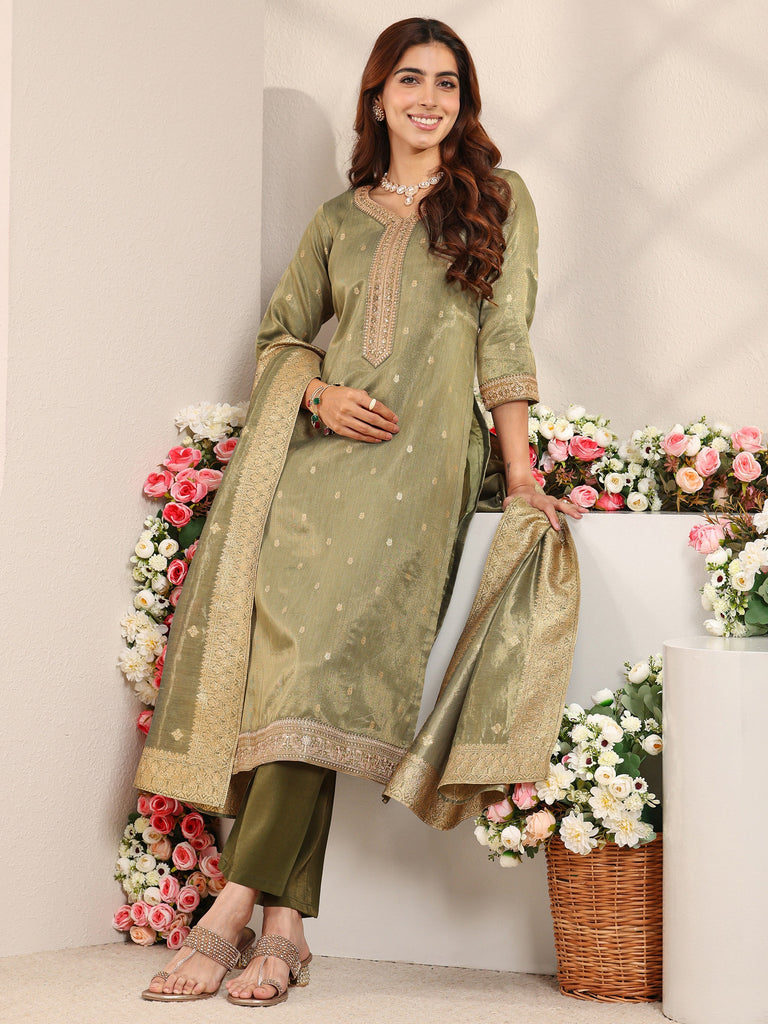 Libas Green Woven Design Chanderi Silk Straight Suit Set With Dupatta