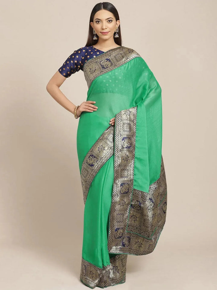 Green Woven Design Chiffon Saree - Libas