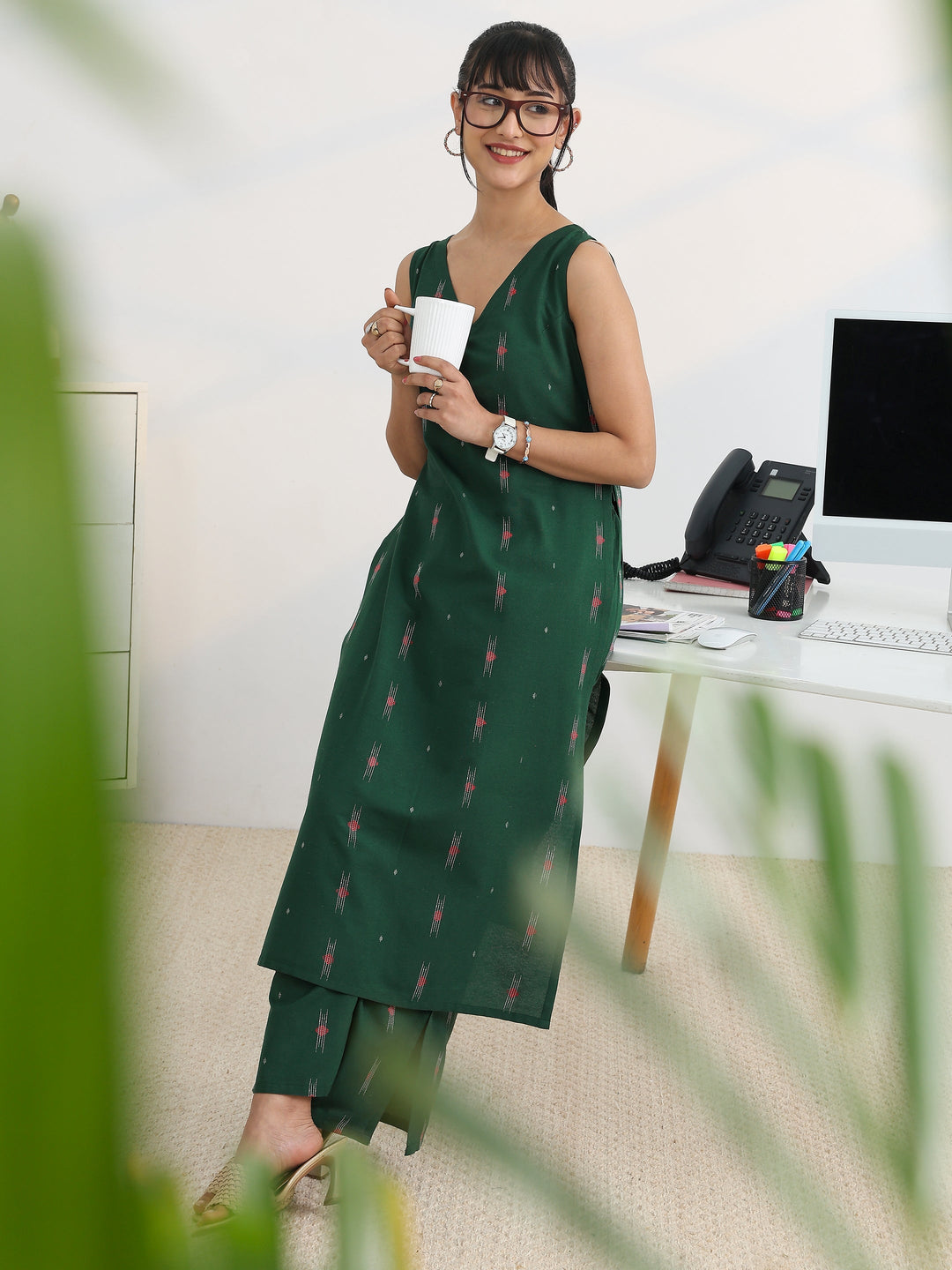  Prime Green Woven Design Cotton Blend Kurta Set 