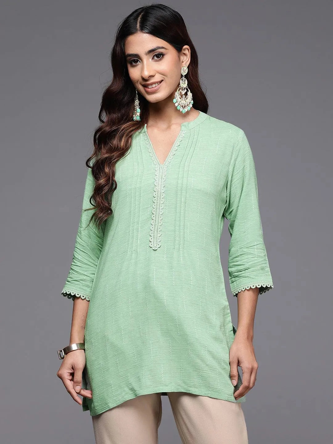 Green Woven Design Cotton Blend Straight Kurti - Libas 
