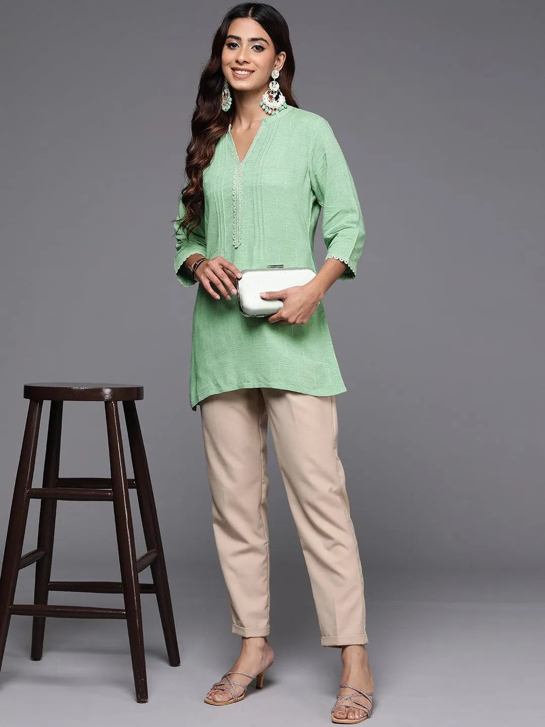 Green Woven Design Cotton Blend Straight Kurti - Libas 