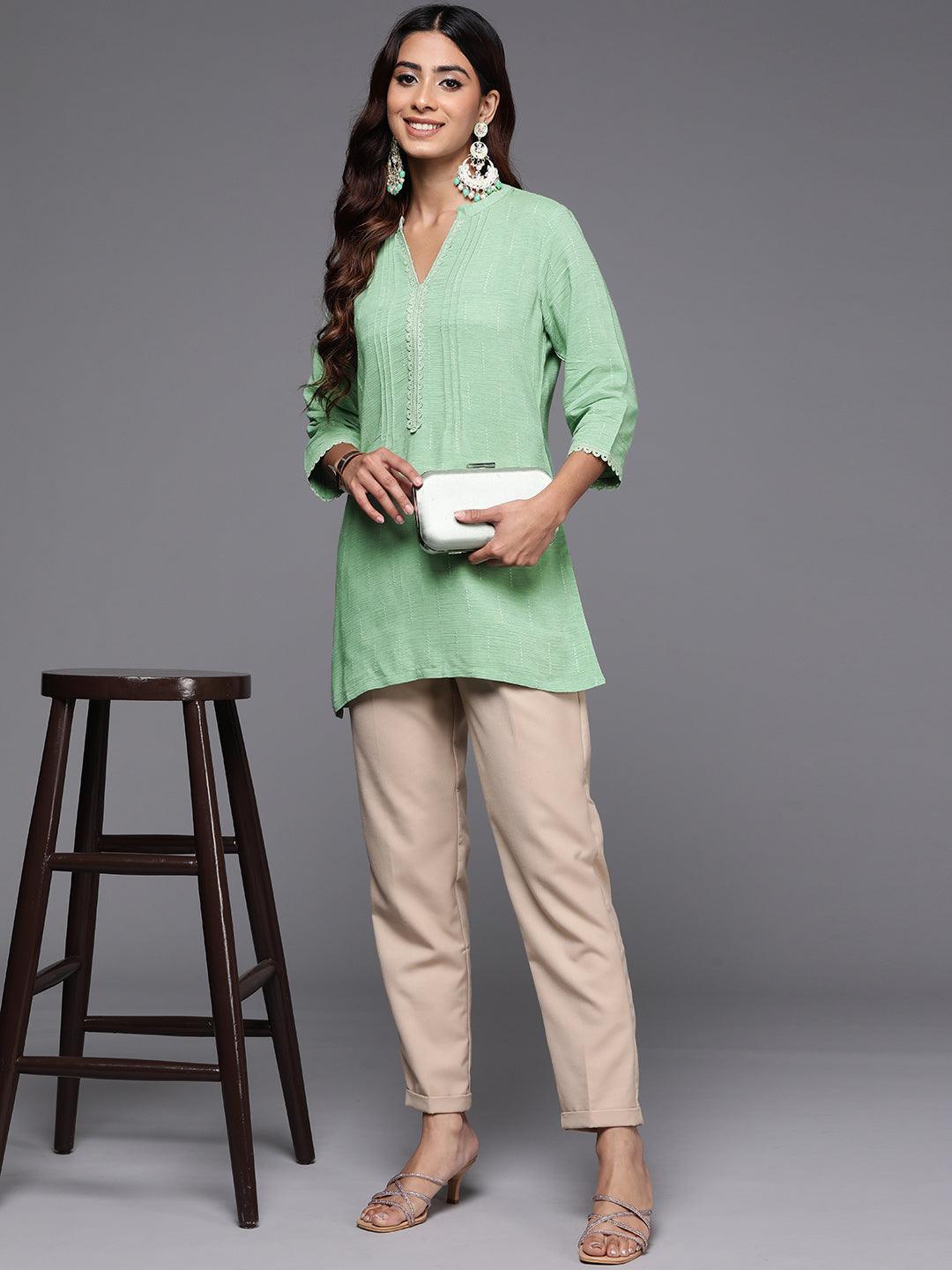 Green Woven Design Cotton Blend Straight Kurti - Libas