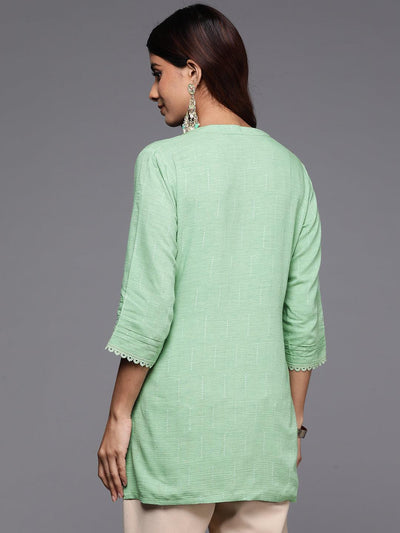 Green Woven Design Cotton Blend Straight Kurti - Libas