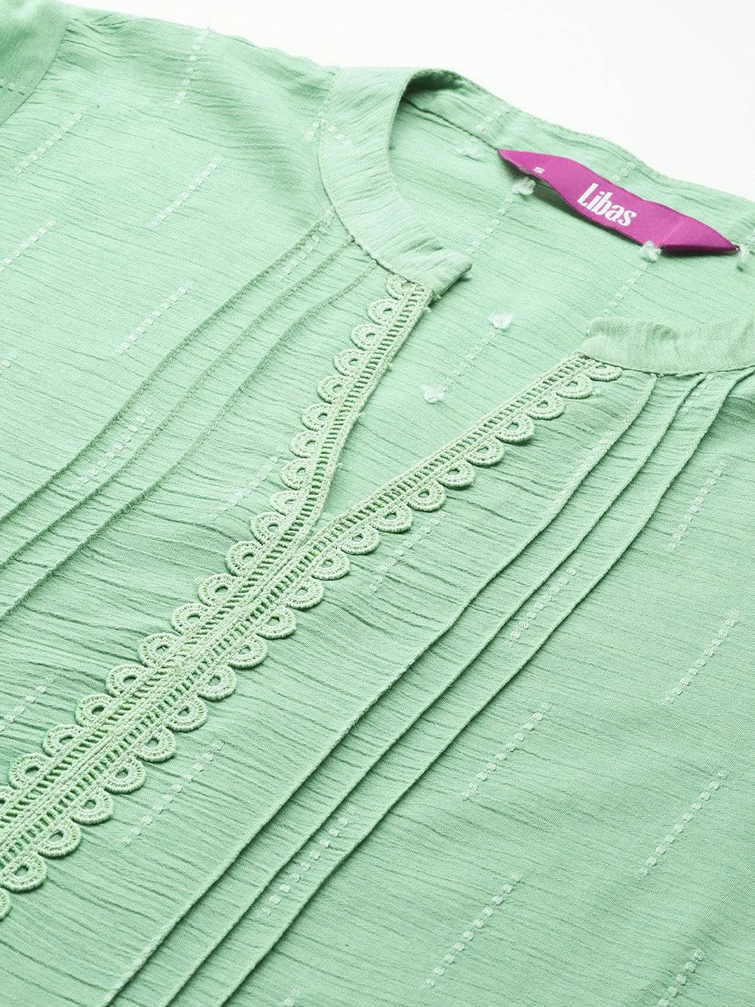 Green Woven Design Cotton Blend Straight Kurti - Libas 