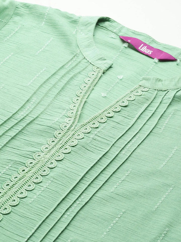 Green Woven Design Cotton Blend Straight Kurti - Libas
