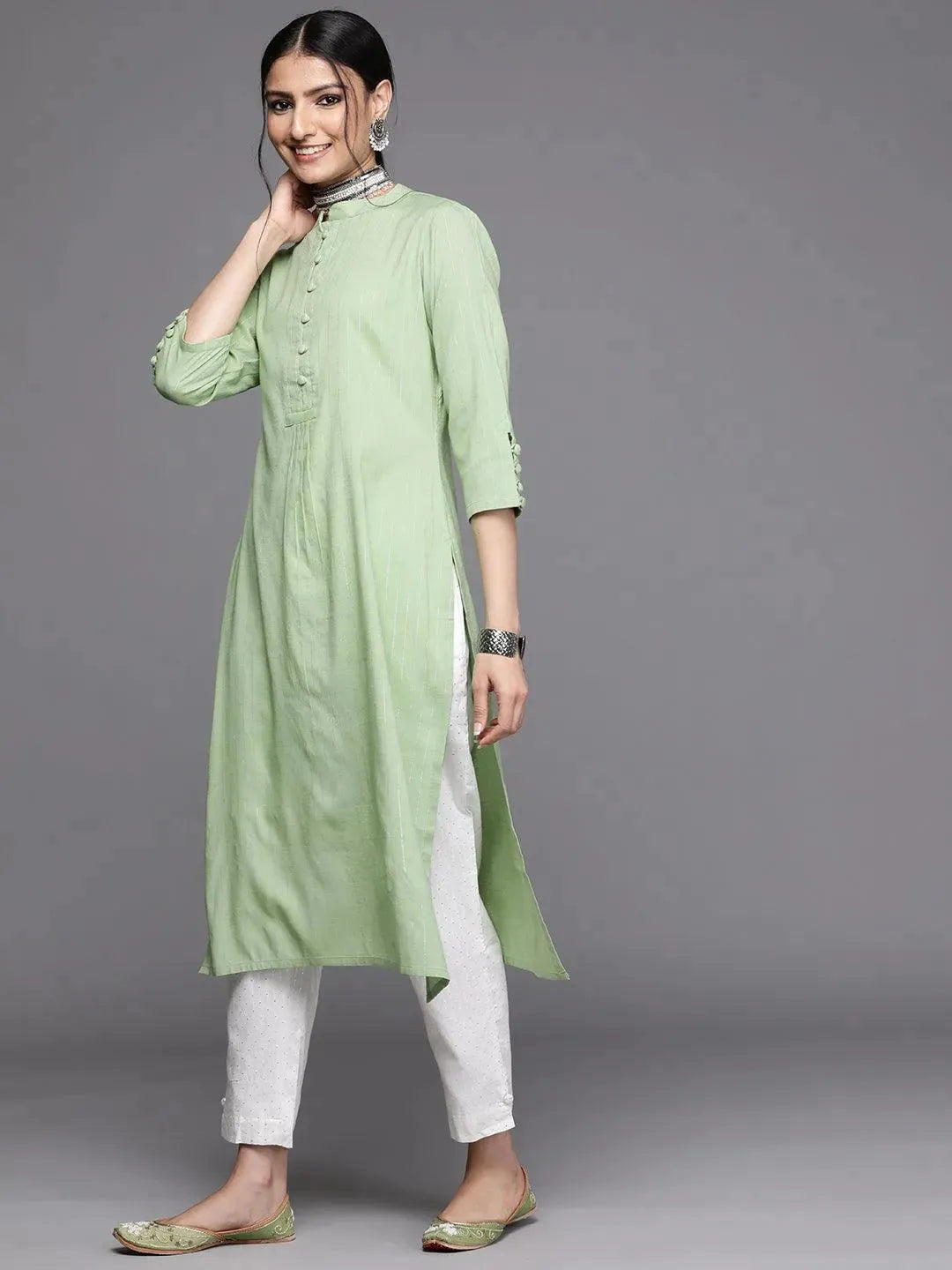 

Buy Green Woven Design Cotton Kurta - 23153O- | Libas Ethnic Wear Online