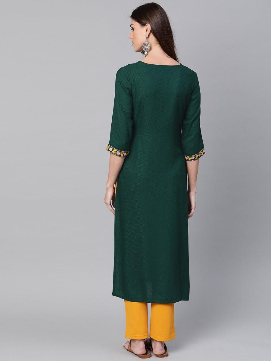 Green Woven Design Cotton Kurta - Libas