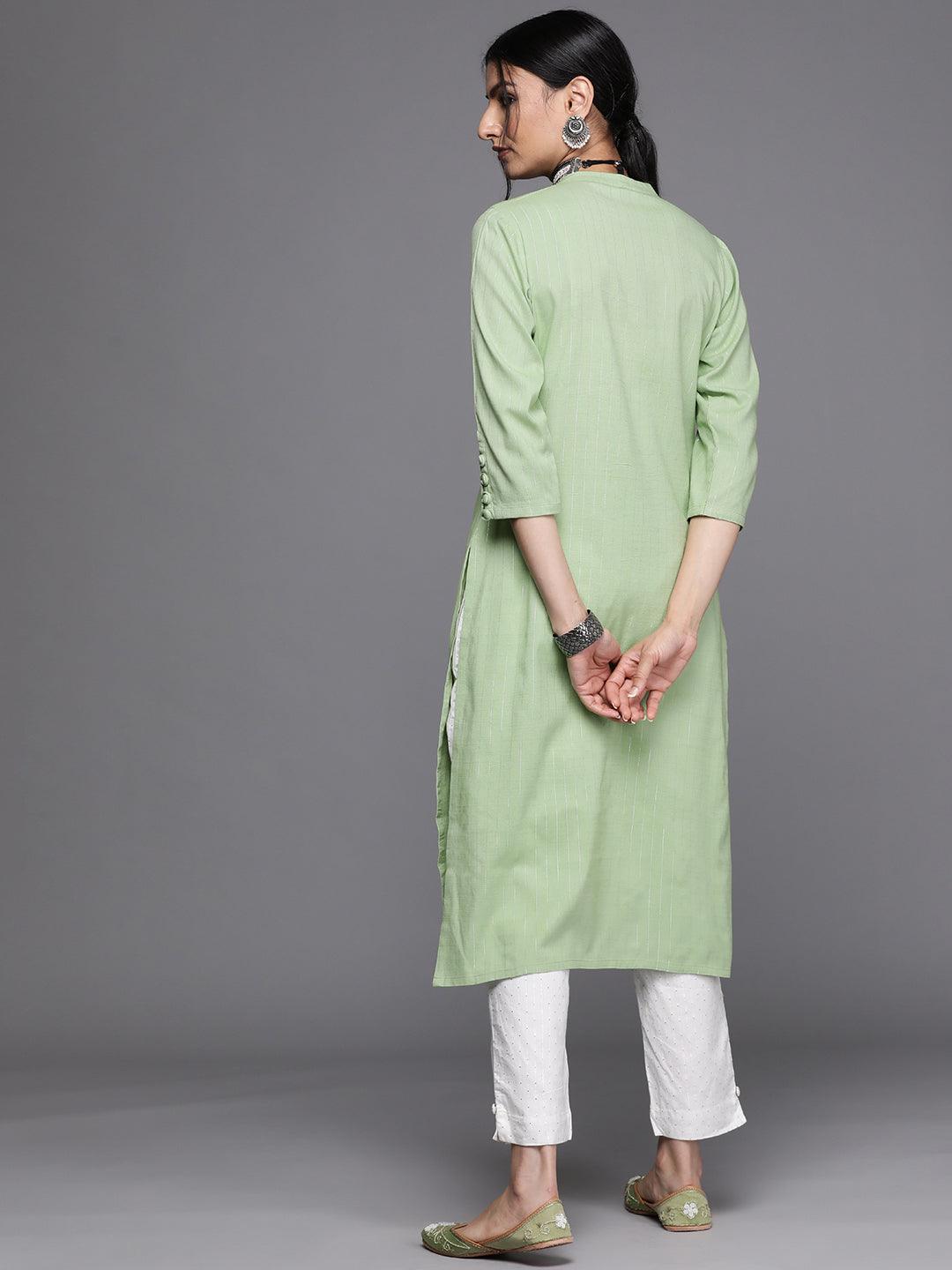 Green Woven Design Cotton Kurta - Libas