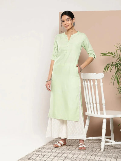 Green Woven Design Cotton Straight Kurta - Libas