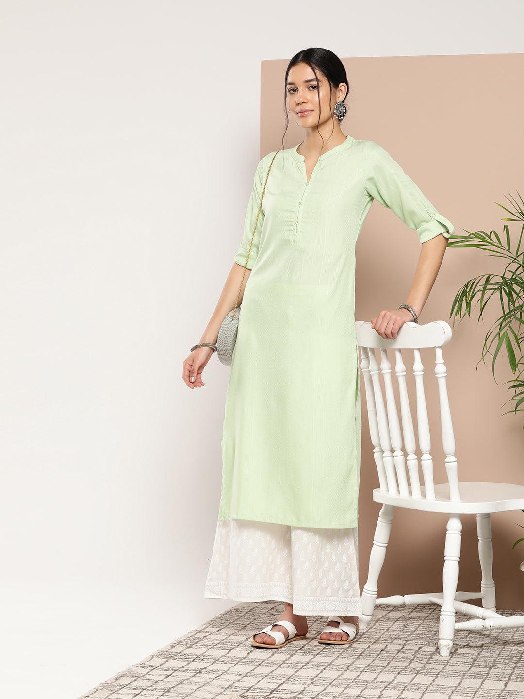 Green Woven Design Cotton Straight Kurta - Libas
