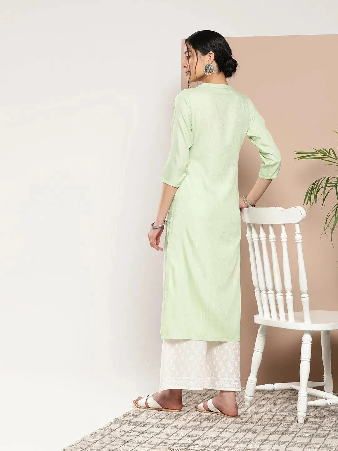 Green Woven Design Cotton Straight Kurta - Libas