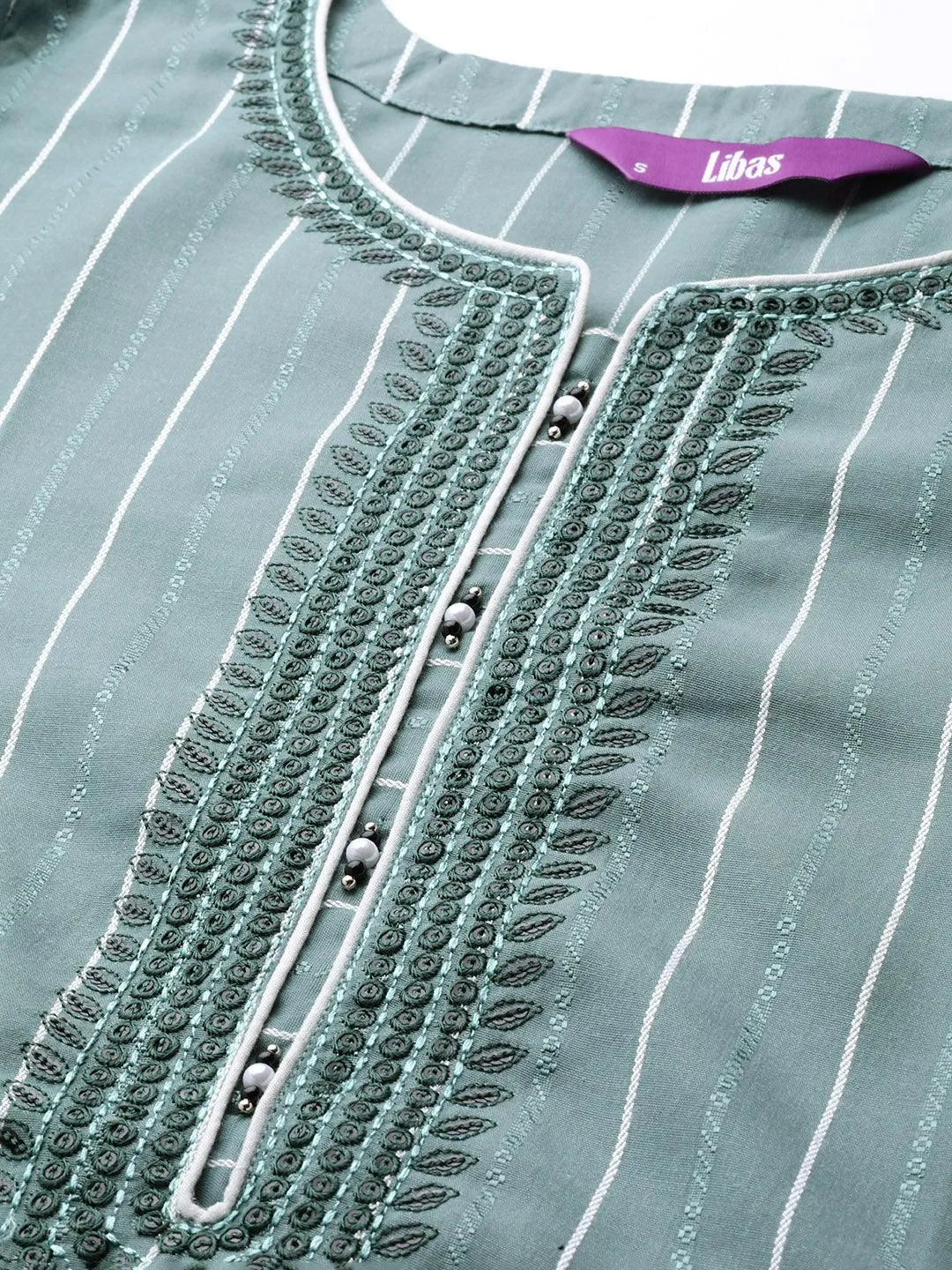 Green Woven Design Cotton Straight Kurta - Libas 
