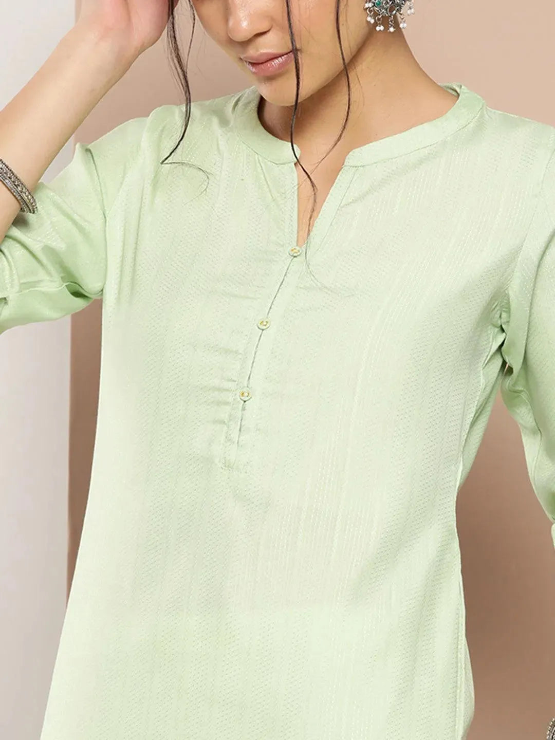 Green Woven Design Cotton Straight Kurta - Libas