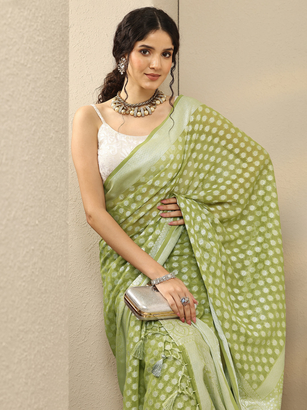  Green Woven Design Georgette Saree With Unstitched Blouse Piece 