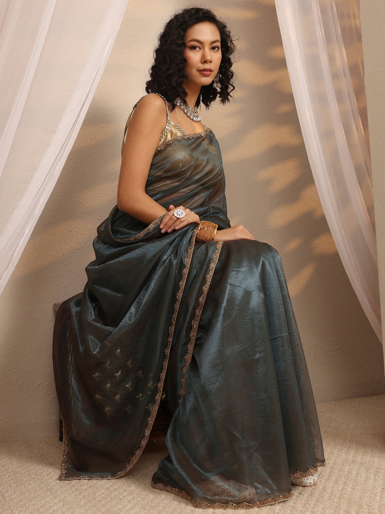 Libas Green Woven Design Net Saree With Unstitched Blouse Piece