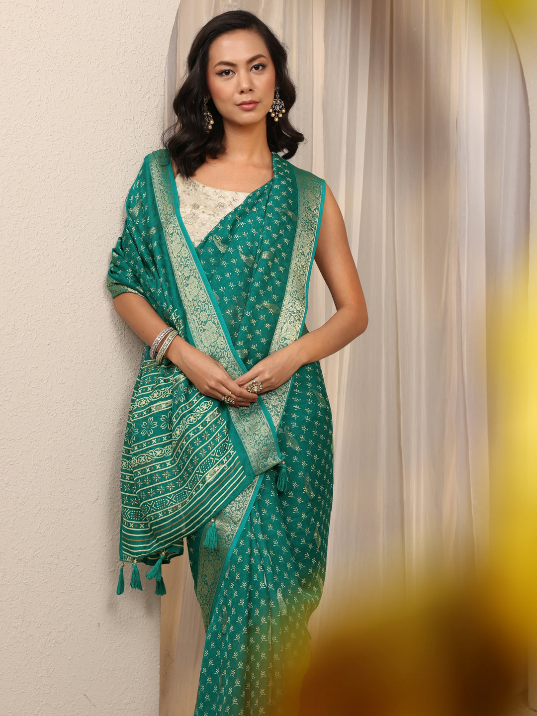  Green Woven Design Paisley Silk Blend Saree With Unstitched Blouse Piece 
