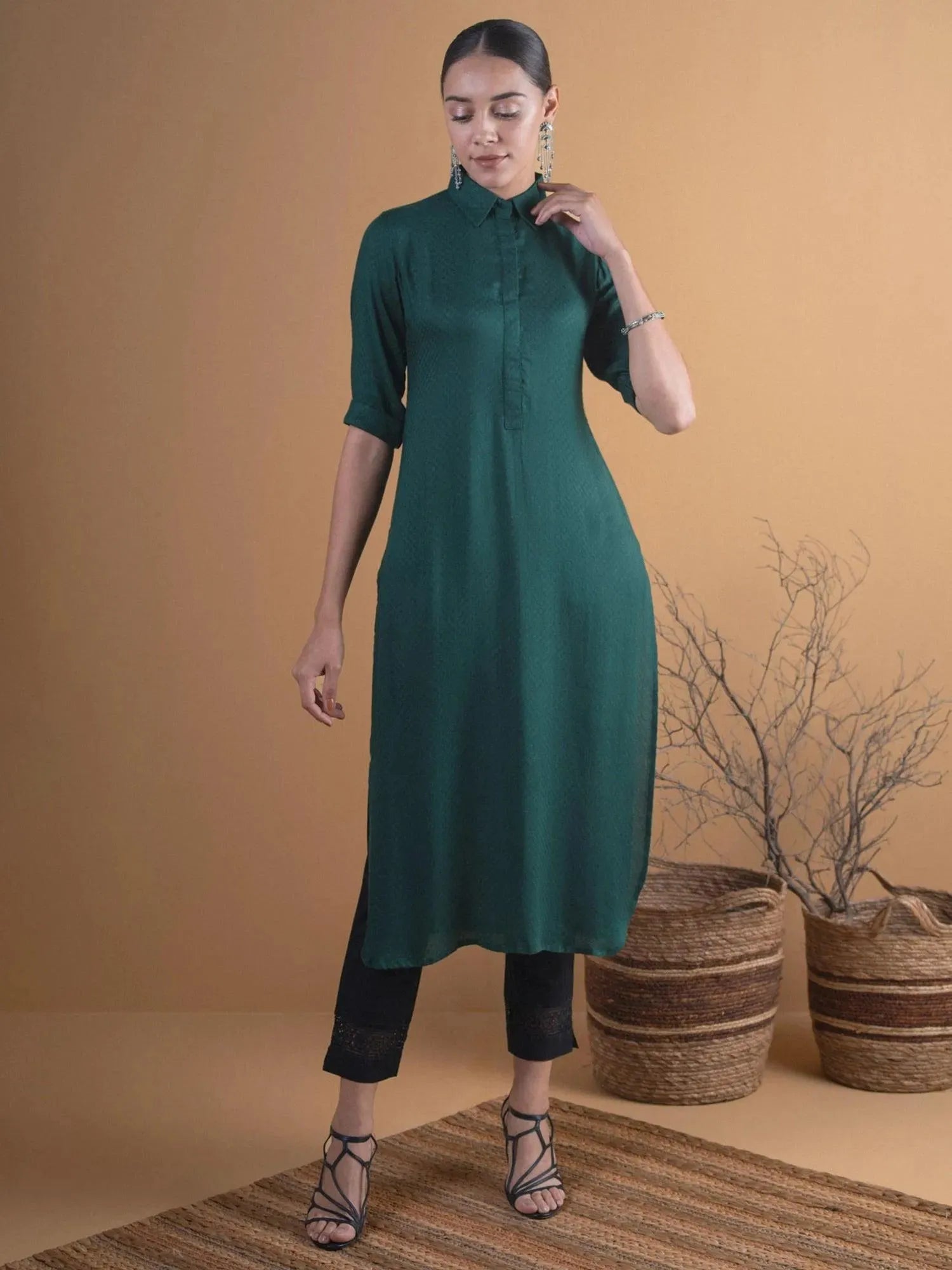 Green Woven Design Rayon Kurta