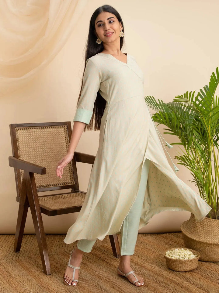 Green Woven Design Rayon Kurta - Libas