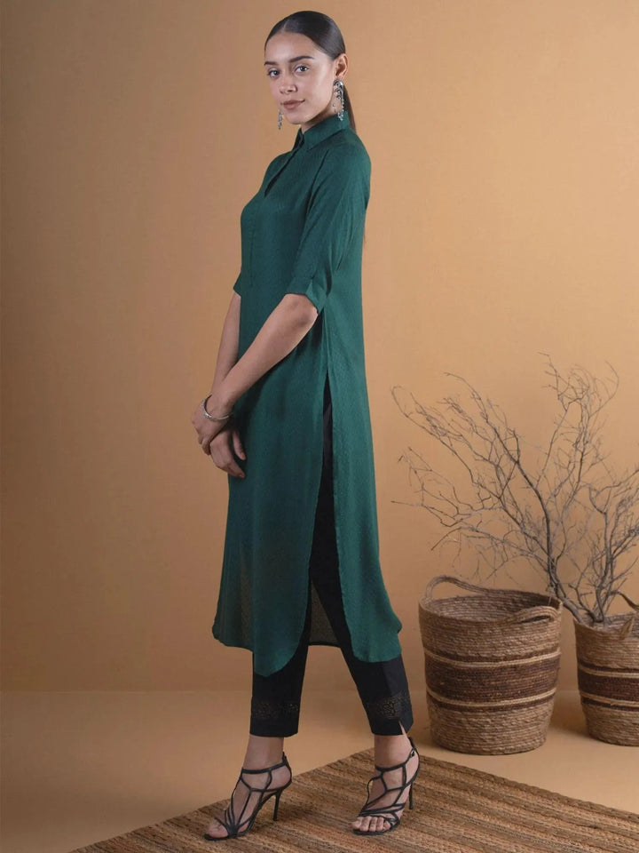 Green Woven Design Rayon Kurta - Libas