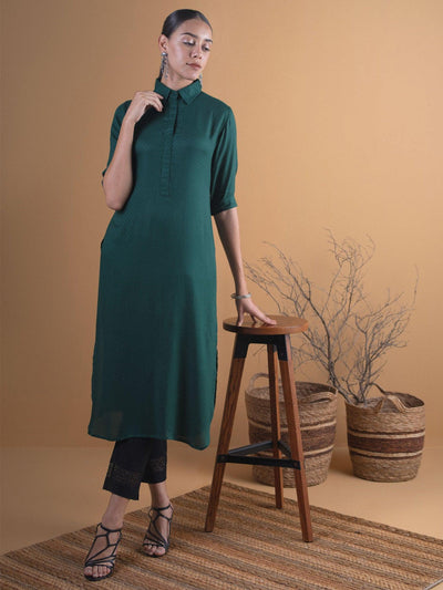 Green Woven Design Rayon Kurta - Libas