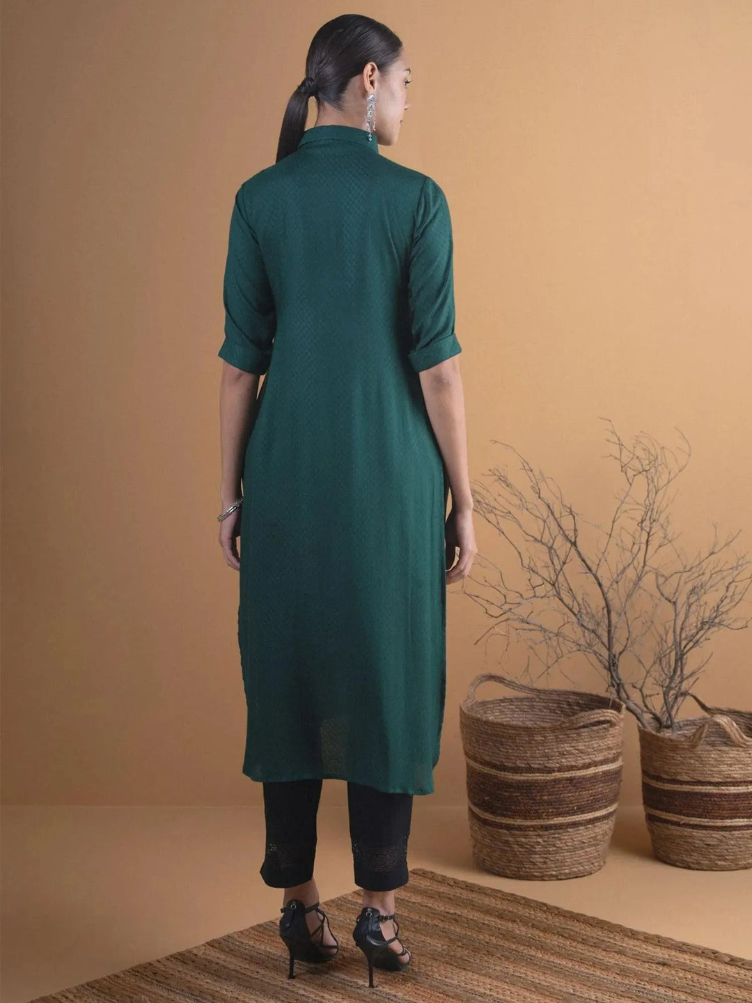 Green Woven Design Rayon Kurta - Libas