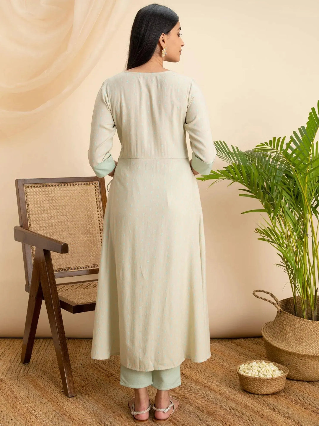 Green Woven Design Rayon Kurta - Libas