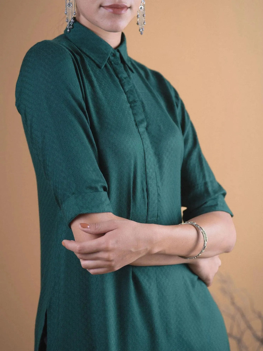 Green Woven Design Rayon Kurta - Libas