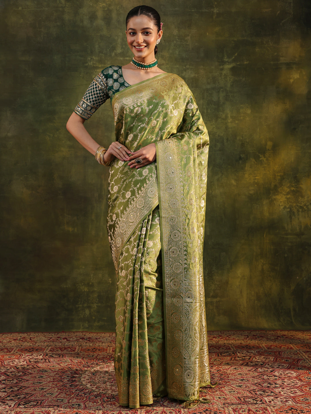 Green Woven Design Satin Banarasi Saree With Unstitched Blouse Piece