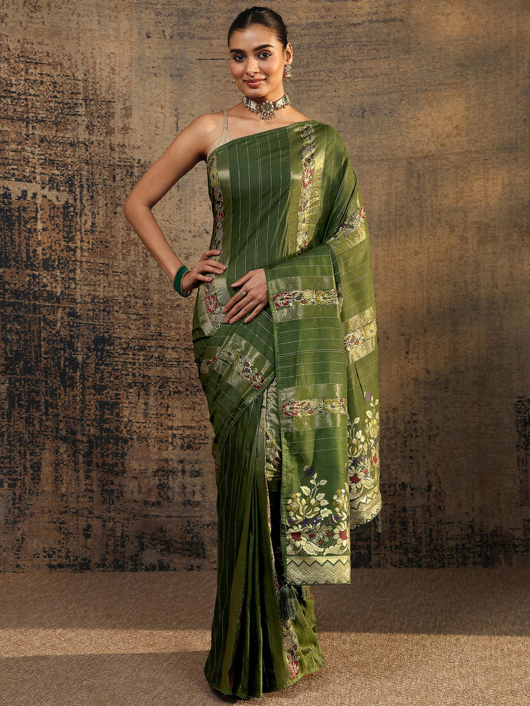 Libas Green Woven Design Silk Blend Saree With Unstitched Blouse Piece