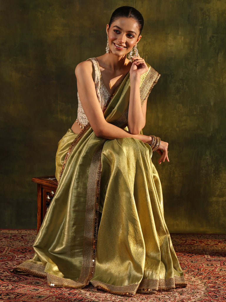 Libas Green Woven Design Silk Blend Saree With Unstitched Blouse Piece