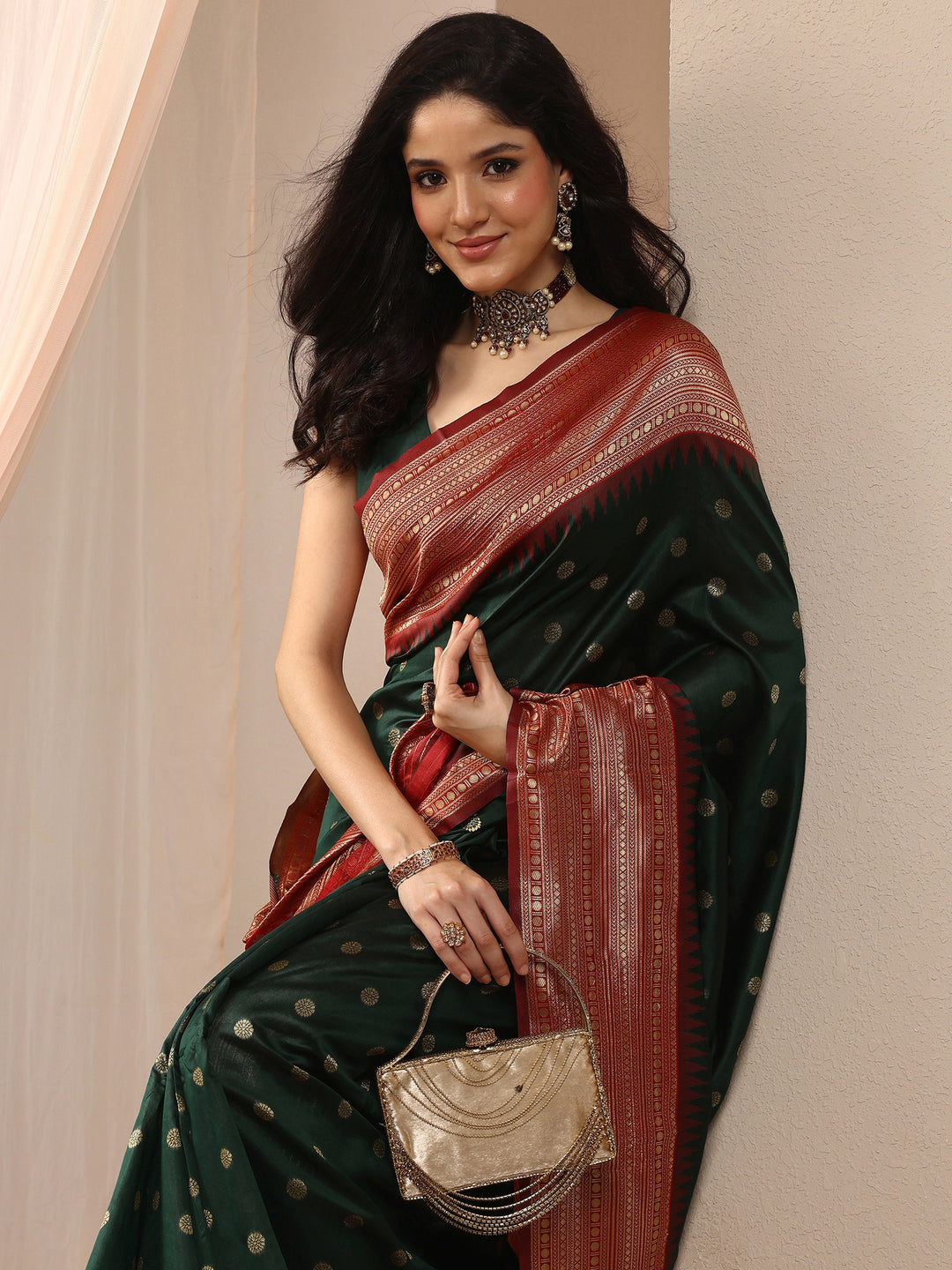  Green Woven Design Silk Blend Saree With Unstitched Blouse Piece 