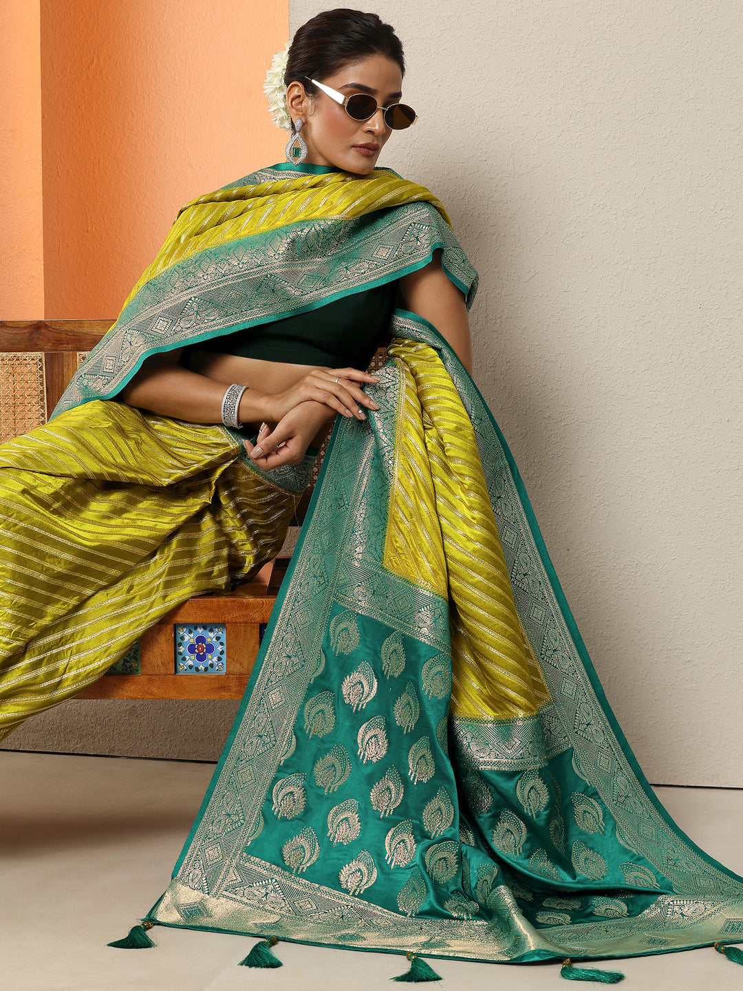  Green Woven Design Silk Blend Sarees With Unstitched Blouse Piece 
