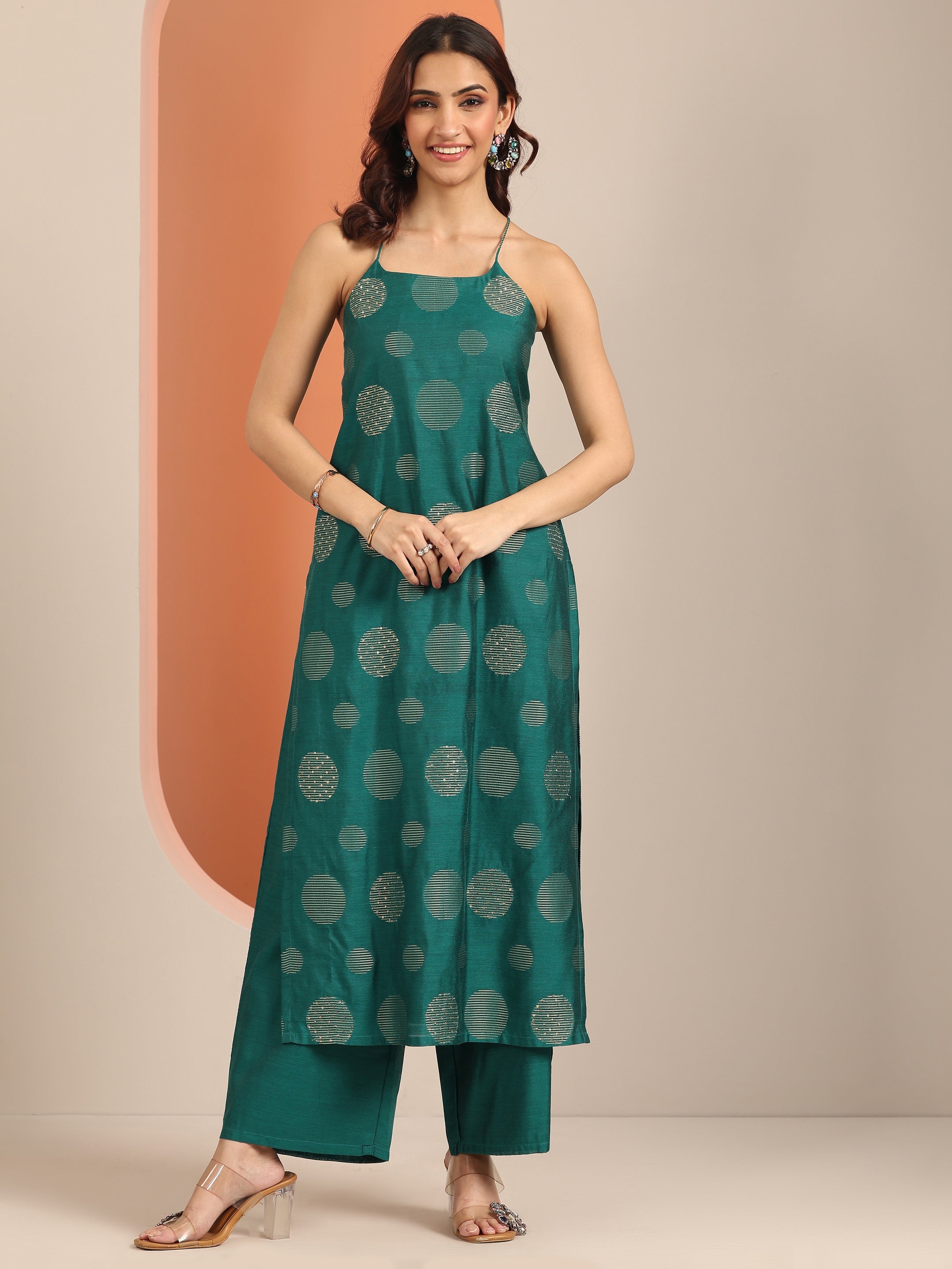 libas Green Woven Design Silk Blend Straight Kurta Set-picture-11